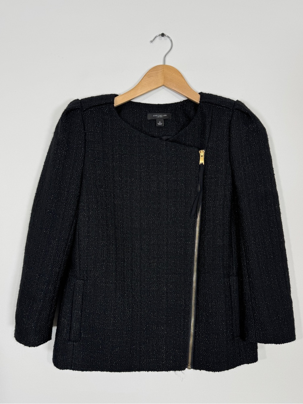 WJT33 {Ann Taylor} Black Metallic Wool Tweed Blazer Suit Coat
